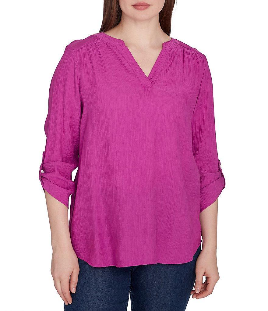 Ruby Rd. Solid Gauze Band Notch Neckline Roll-Tab Sleeve Top Product Image