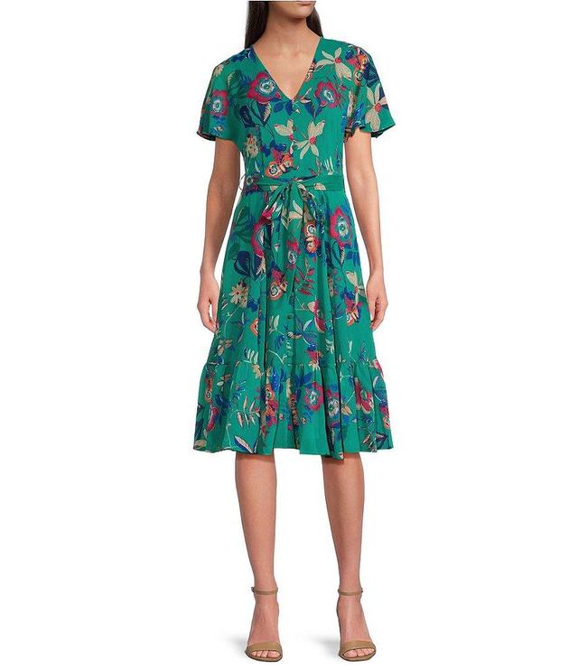 Calvin Klein Short Sleeve V-Neck Tie Waist Ruffle Hem Floral Dress Product Image