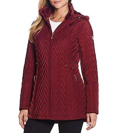 Gallery Stand Collar Long Sleeve Hooded Zip Front Quilted Jacket Product Image