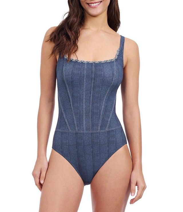 Profile By Gottex Isabelle Jeans Square Neck Mock Corset Embroidered Trim Tummy Control One Piece Swimsuit Product Image