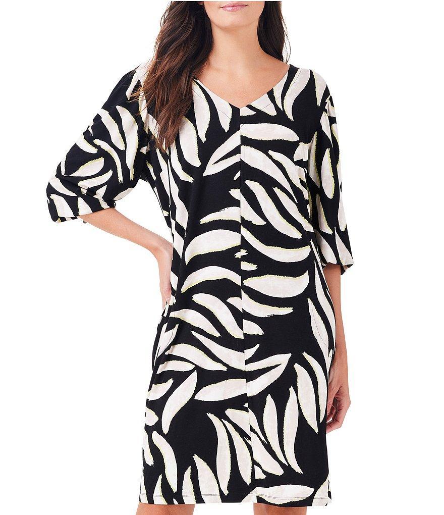 NIC + ZOE Knit Breezy Leaves Print V-Neck Elbow Bishop Sleeve Sheath Dress Product Image