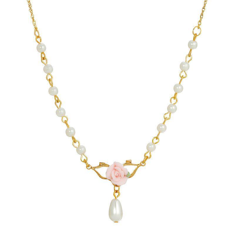 1928 Gold Tone Simulated Pearl Porcelain Rose Y-Necklace, Womens, Pink Product Image