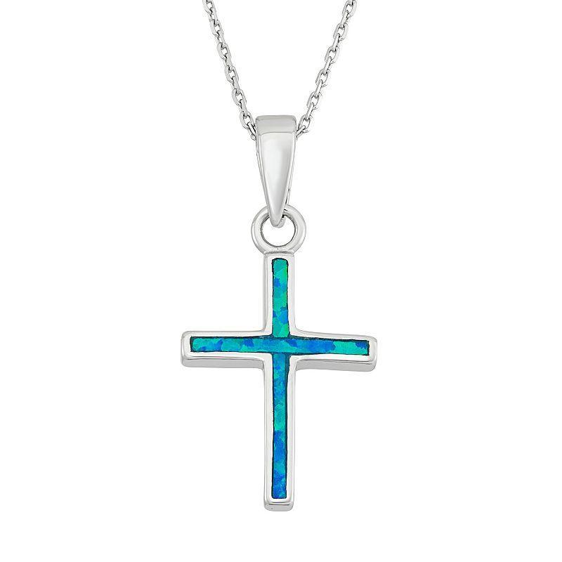 Lab-Created Blue Opal Sterling Silver Cross Pendant Necklace, Womens Product Image