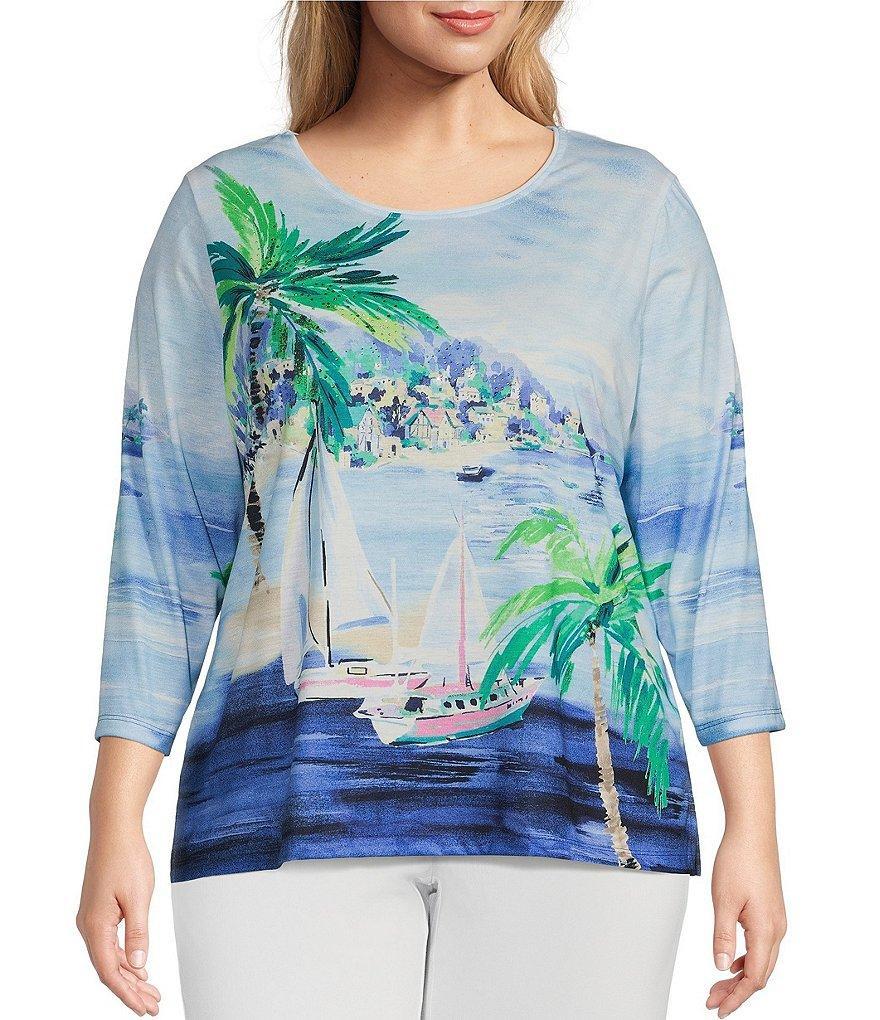 Allison Daley Plus Size Island Breeze 3/4 Sleeve Crew Neck Embellished Knit Top Product Image