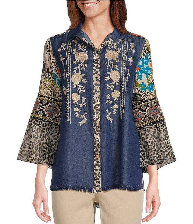 John Mark Petite Size Woven Mixed Animal Print Point Collar 3/4 Flounce Sleeve Curved Hem Button Front Tunic Product Image