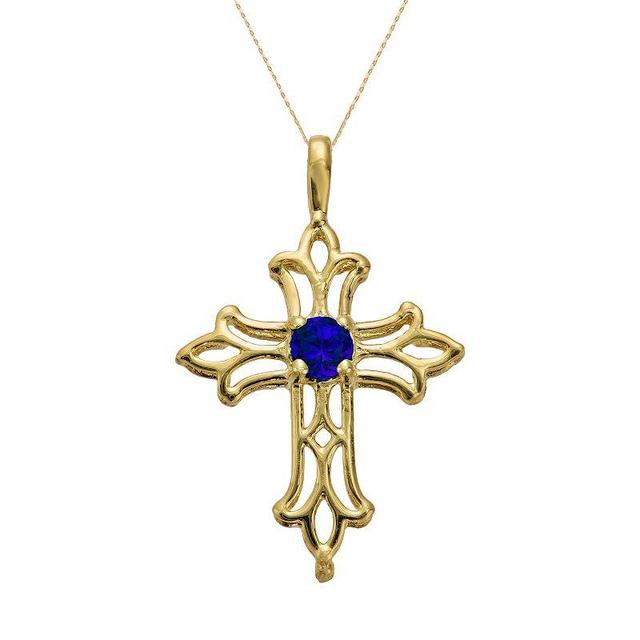 Gemminded 10k Gold Lab-Created Sapphire Filigree Cross Pendant, Womens Blue Product Image