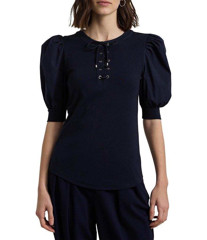 Lauren Ralph Lauren Petite Size Rib-Knit Stretch Cotton-Blend Lace-Up Puff-Sleeve Top Product Image