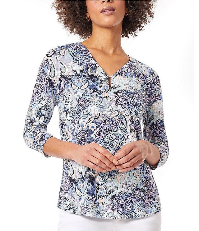 Jones New York Printed Stretch Crepe V Neckline 3/4 Sleeve Top Product Image