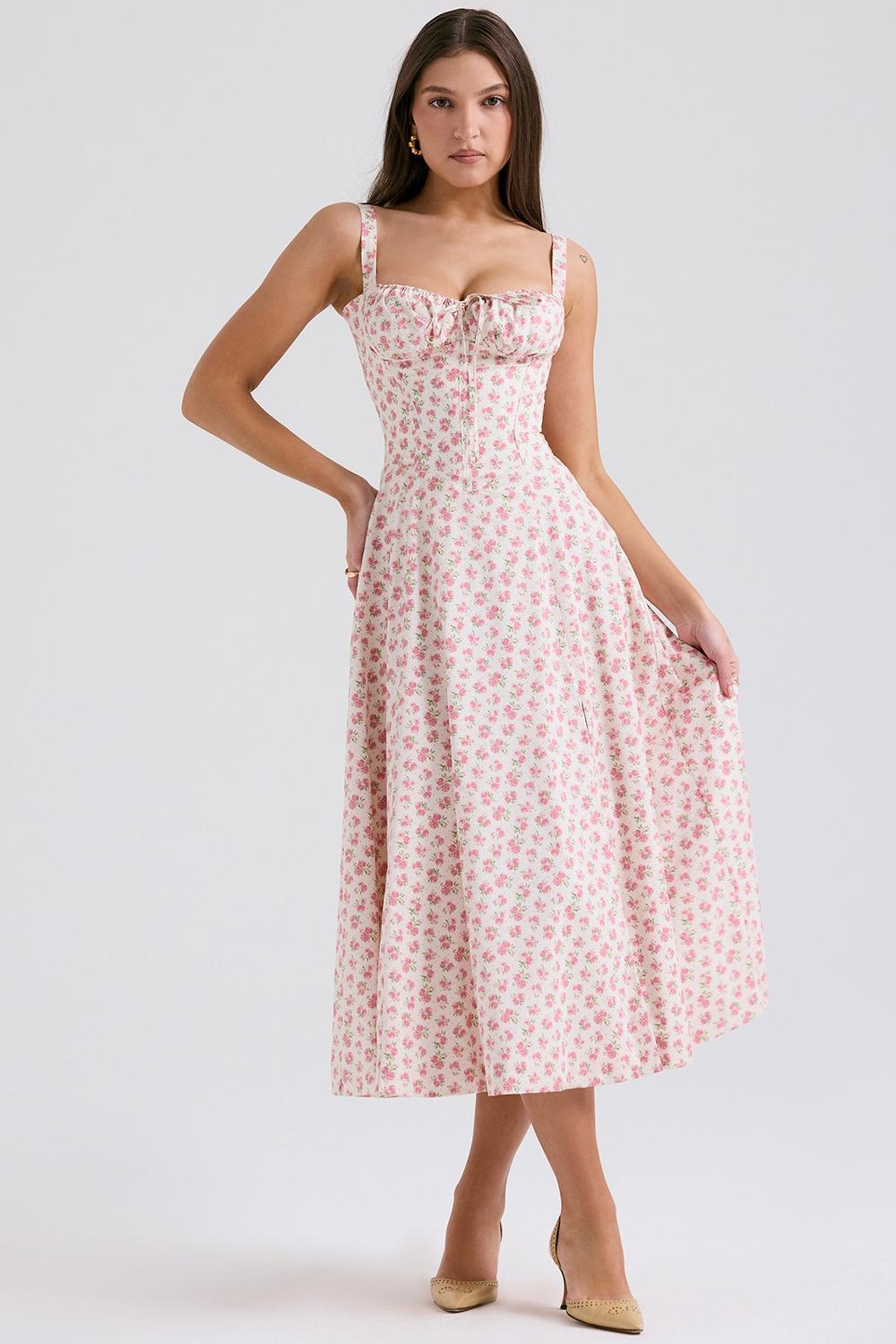 Carmen White Rosebud Print Cotton Bustier Sundress Product Image