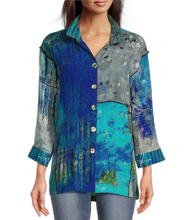 John Mark Abstract Patch Print Wire Collar Long Sleeve Woven Button Front Tunic Product Image