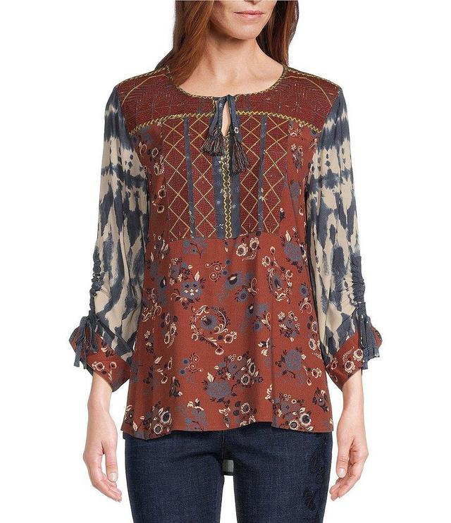 John Mark Mixed Print Split V-Neck 3/4 Sleeve Tunic Top Product Image