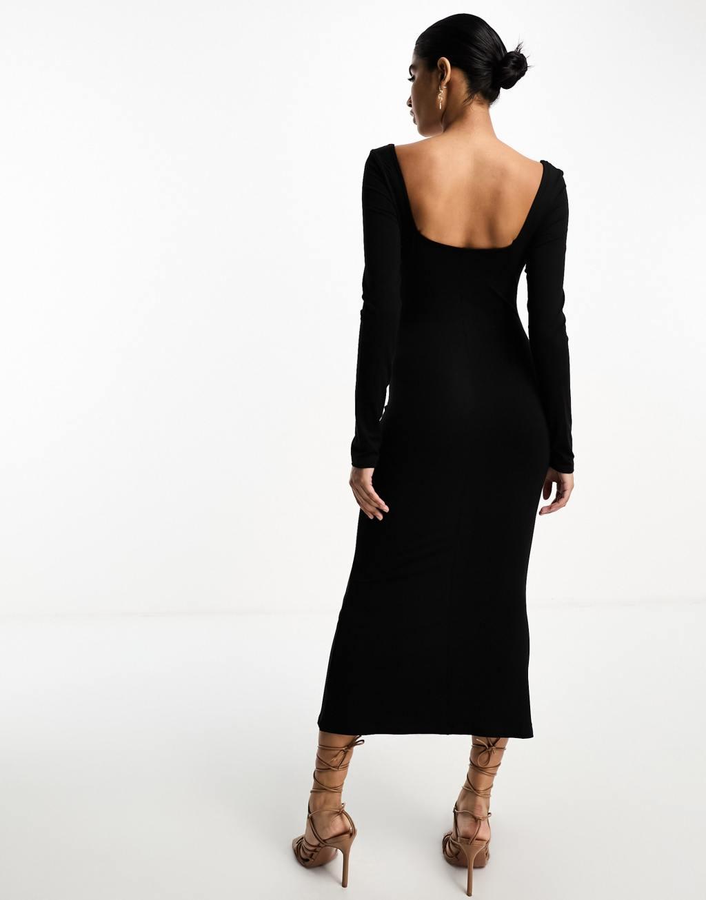 ASOS DESIGN square neck softline long sleeve midi dress in black Product Image