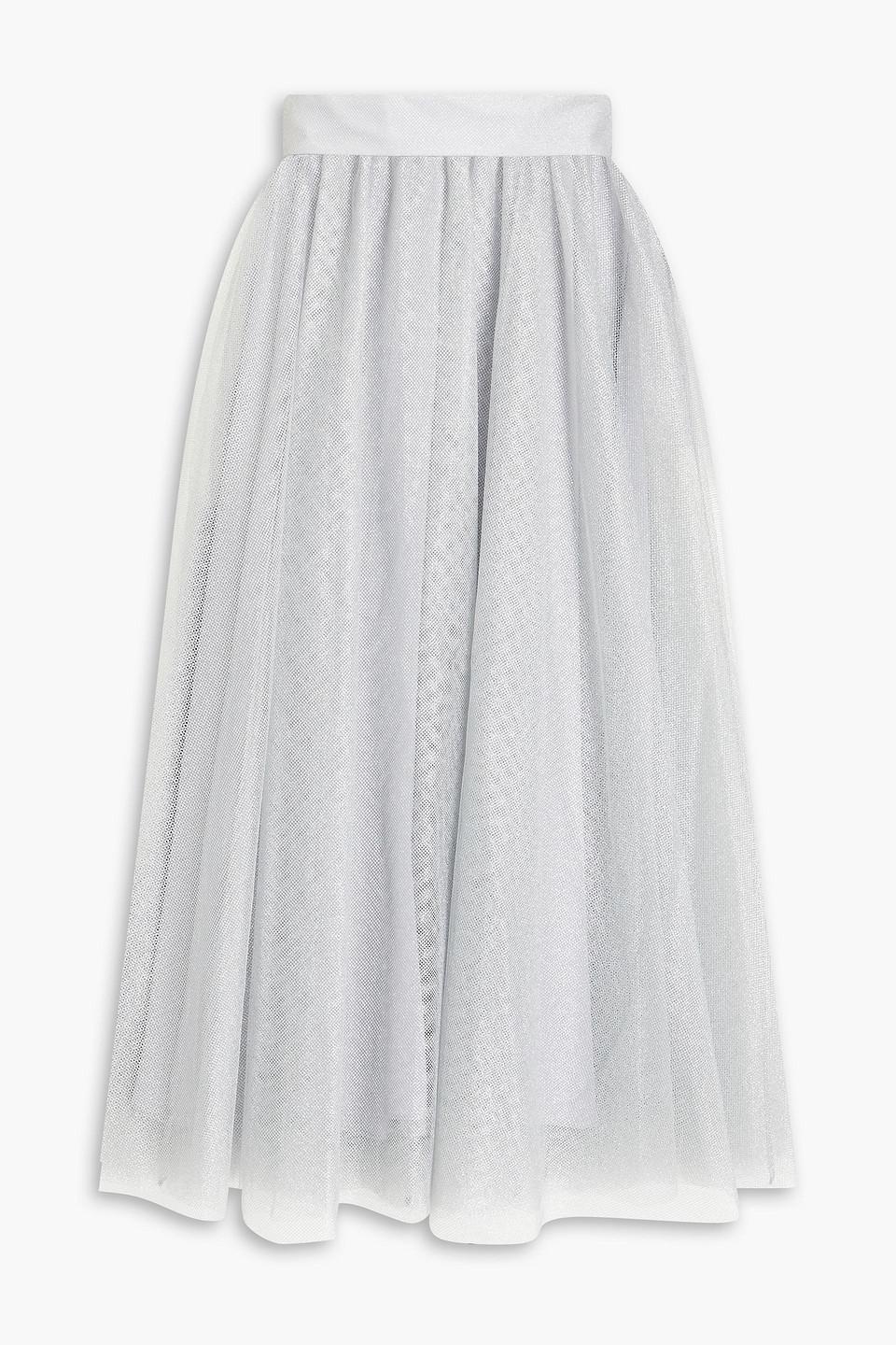 Metallic Tulle Midi Skirt In Silver Product Image