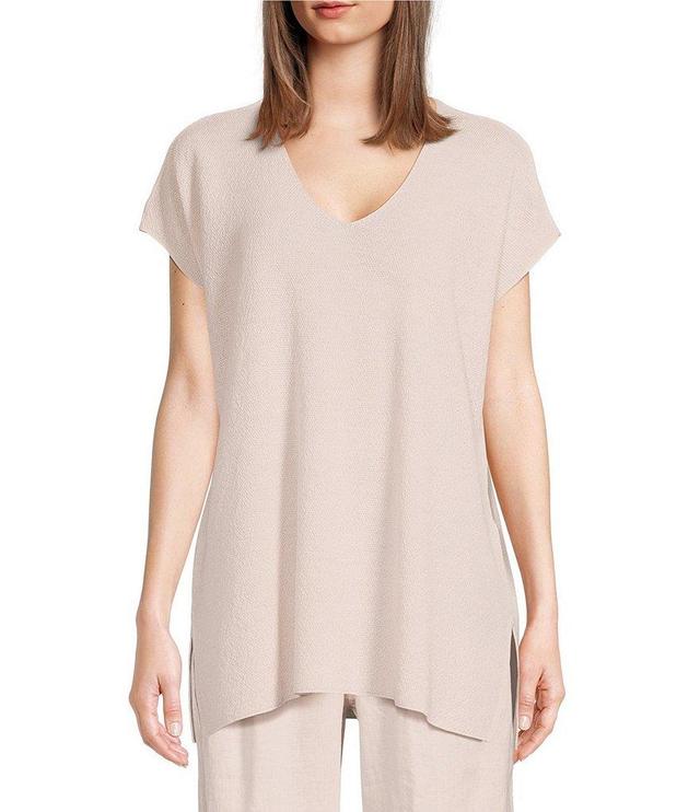 Eileen Fisher Washable Wool Crepe Knit V-Neck Cap Sleeve Side Slit Boxy Tunic Product Image