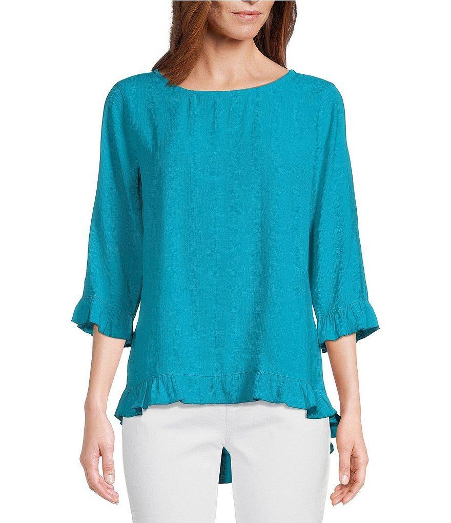 Multiples Slub Woven Scoop Neck 3/4 Sleeve Ruffled Fitted Top Product Image