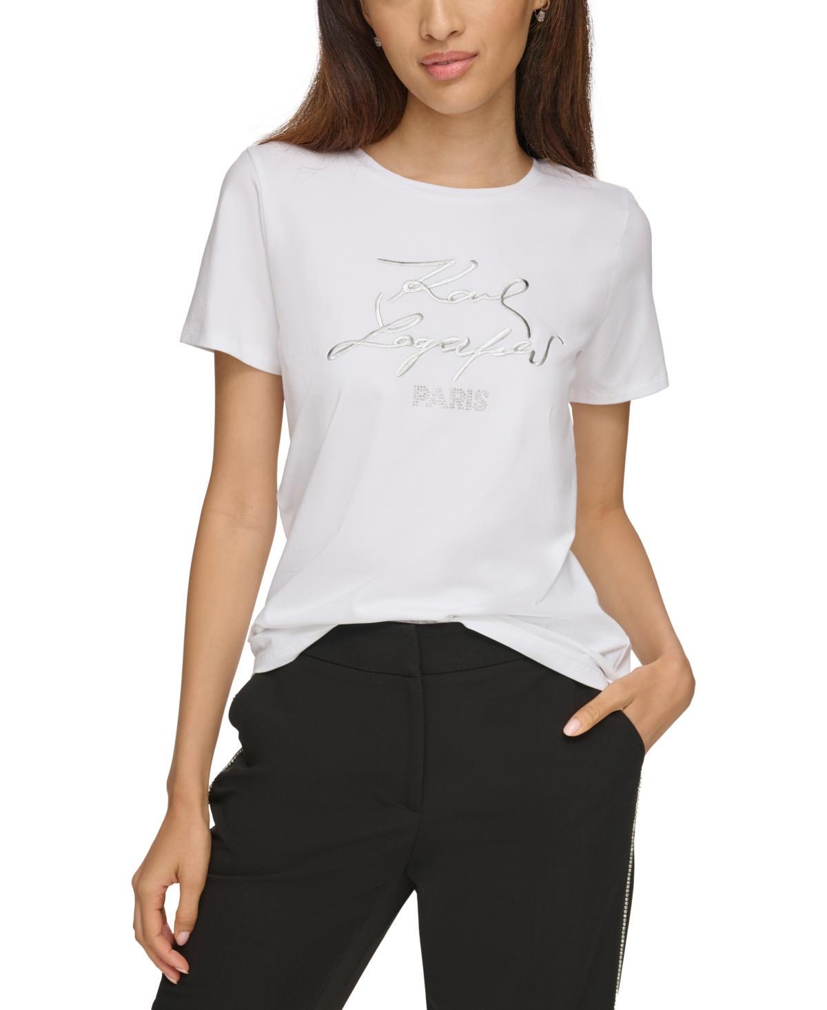 Karl Lagerfeld Paris Womens Metallic Logo Print T-Shirt, Regular & Petite - White/ Product Image