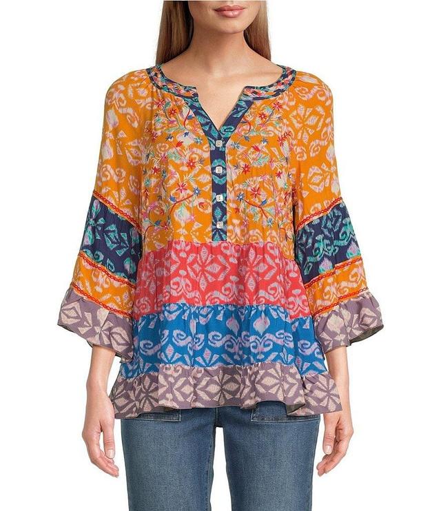 John Mark Mix Print Embroidered Y-Neck 3/4 Sleeve Button Front Top Product Image