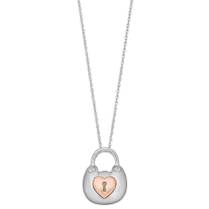 Two Tone Sterling Silver Lab-Created White Sapphire Lock Pendant, Womens Product Image