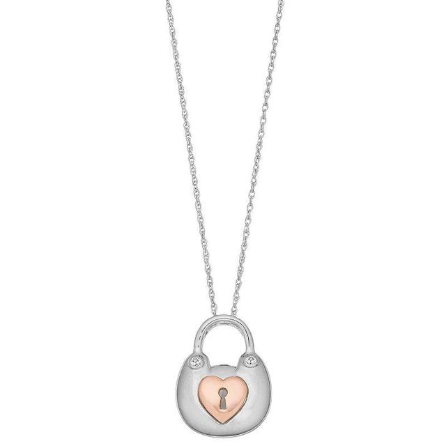 Two Tone Sterling Silver Lab-Created White Sapphire Lock Pendant, Womens Product Image