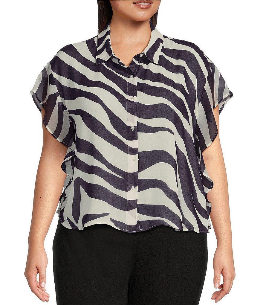 Calvin Klein Plus Size Printed Collared Cap Sleeve Button Front Top Product Image