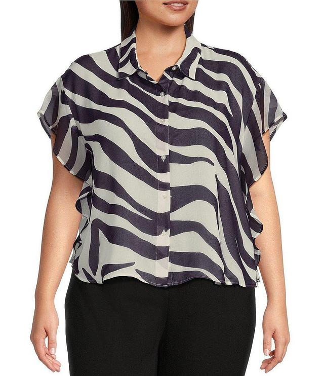 Calvin Klein Plus Size Printed Collared Cap Sleeve Button Front Top Product Image