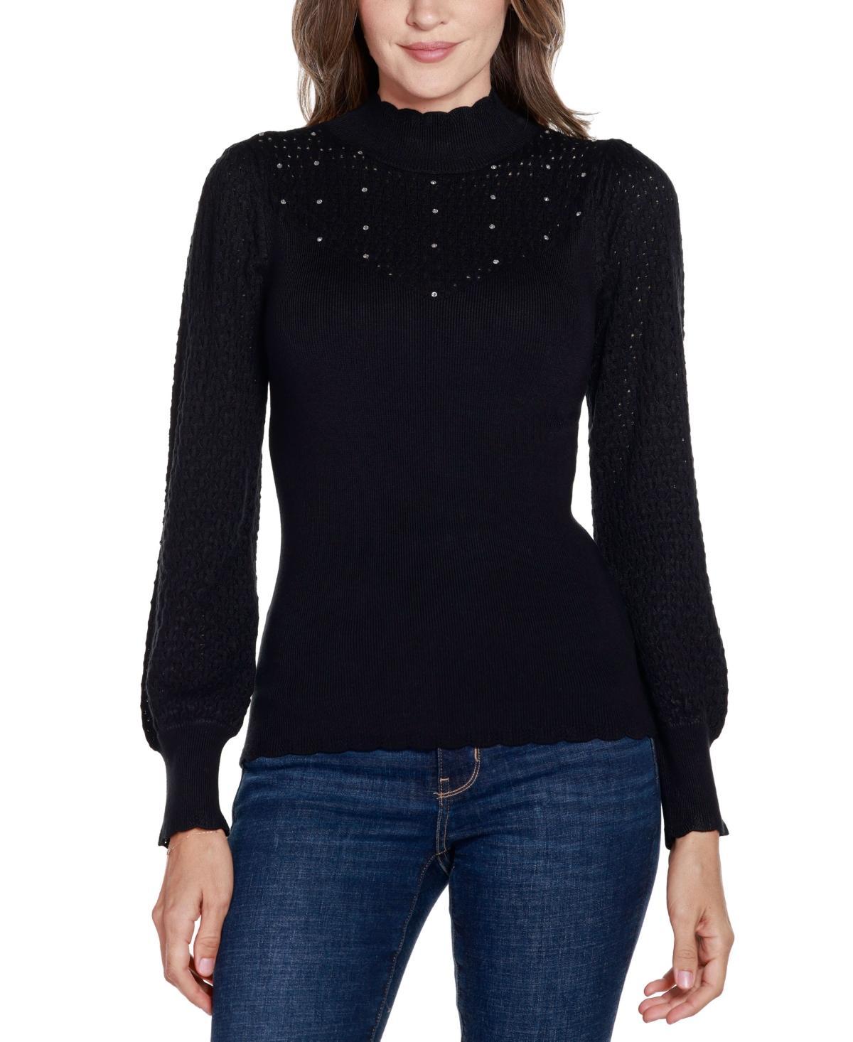 Belldini Womens Black Label Pointelle and Rhinestone Detail Sweater Product Image