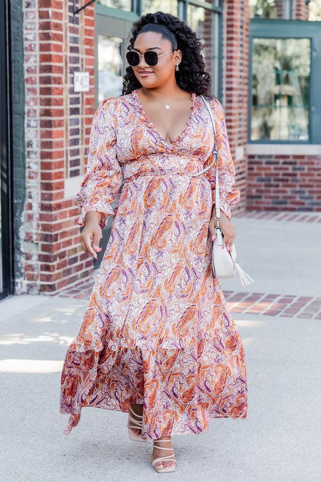 It's All A Dream Rust Multi Paisley Satin Ruffle Trim Maxi Dress FINAL SALE Product Image