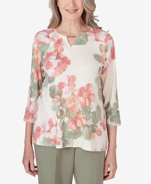 Alfred Dunner Womens Tuscan Sunset Keyhole Neck Floral Textured Top Product Image