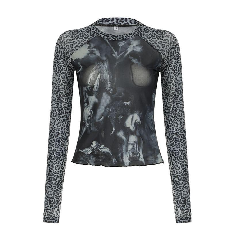 Long Sleeve Leopard Print Mesh Panel Slim-Fit Top Product Image