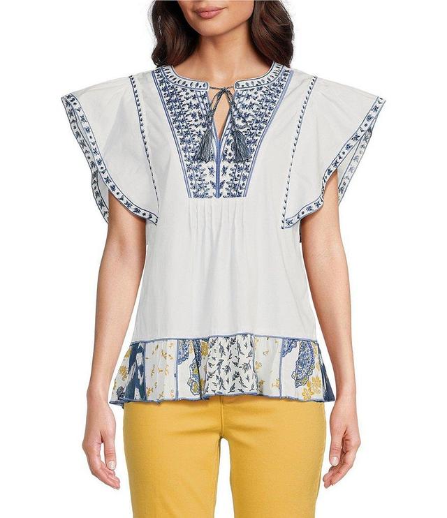 John Mark Embroidered Split V Neck Cap Sleeve Tassel Tie Top Product Image