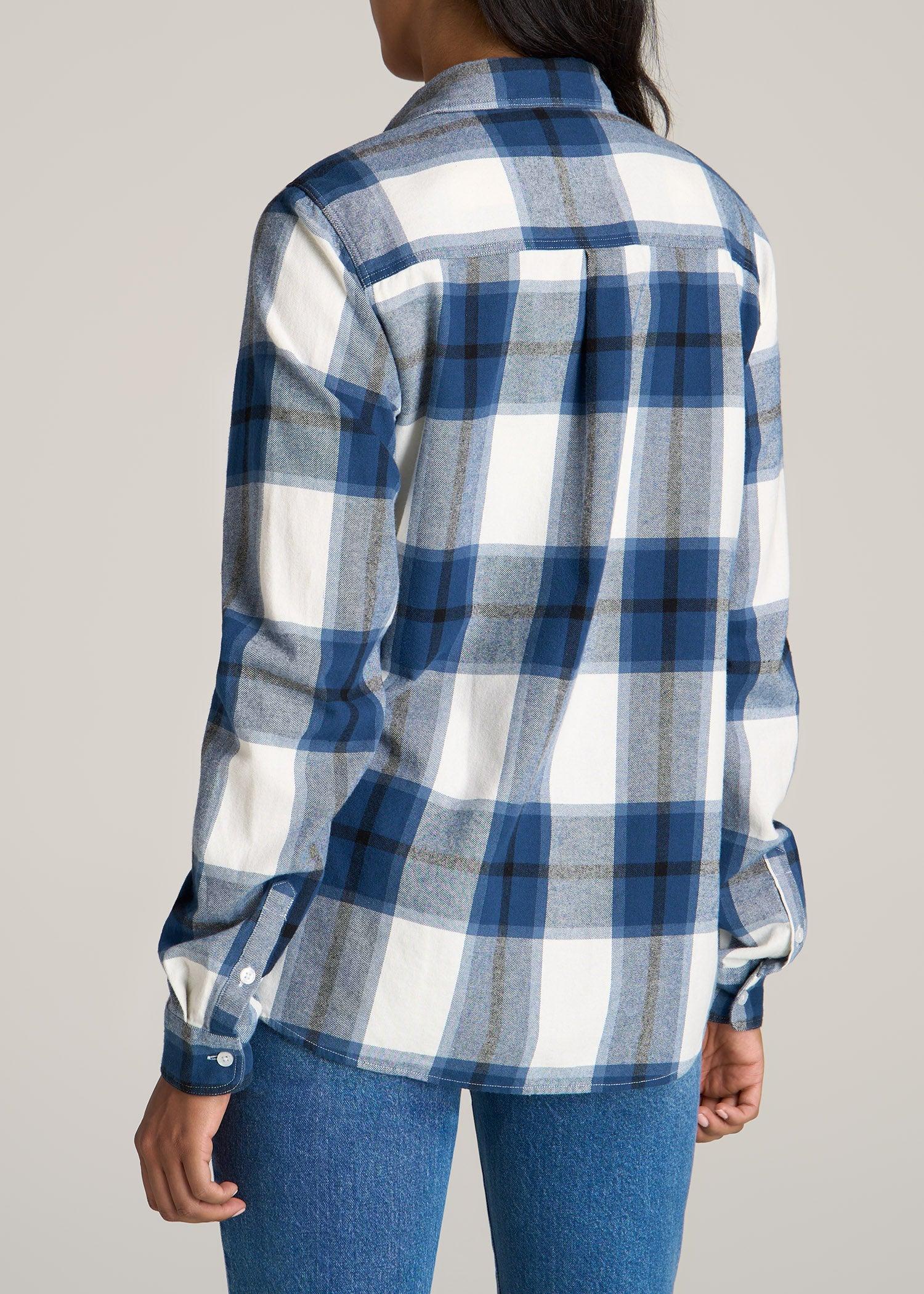 Flannel Button-Up Shirt for Tall Women in Ocean Blue and White Female Product Image