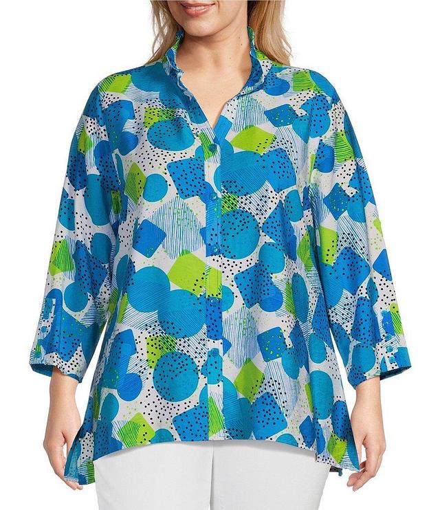 Multiples Plus Size Crinkle Woven Printed Stand Collar V-Neck 3/4 Sleeve Button-Front Shirt Product Image