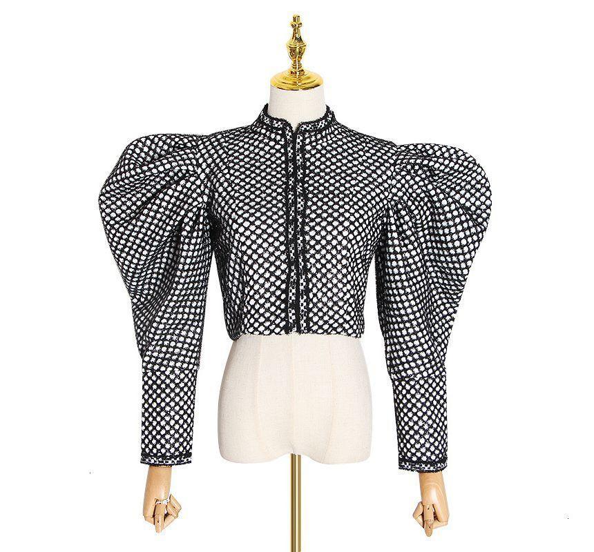 Puff-Sleeve Argyle Print Crop Button-Up Top Product Image