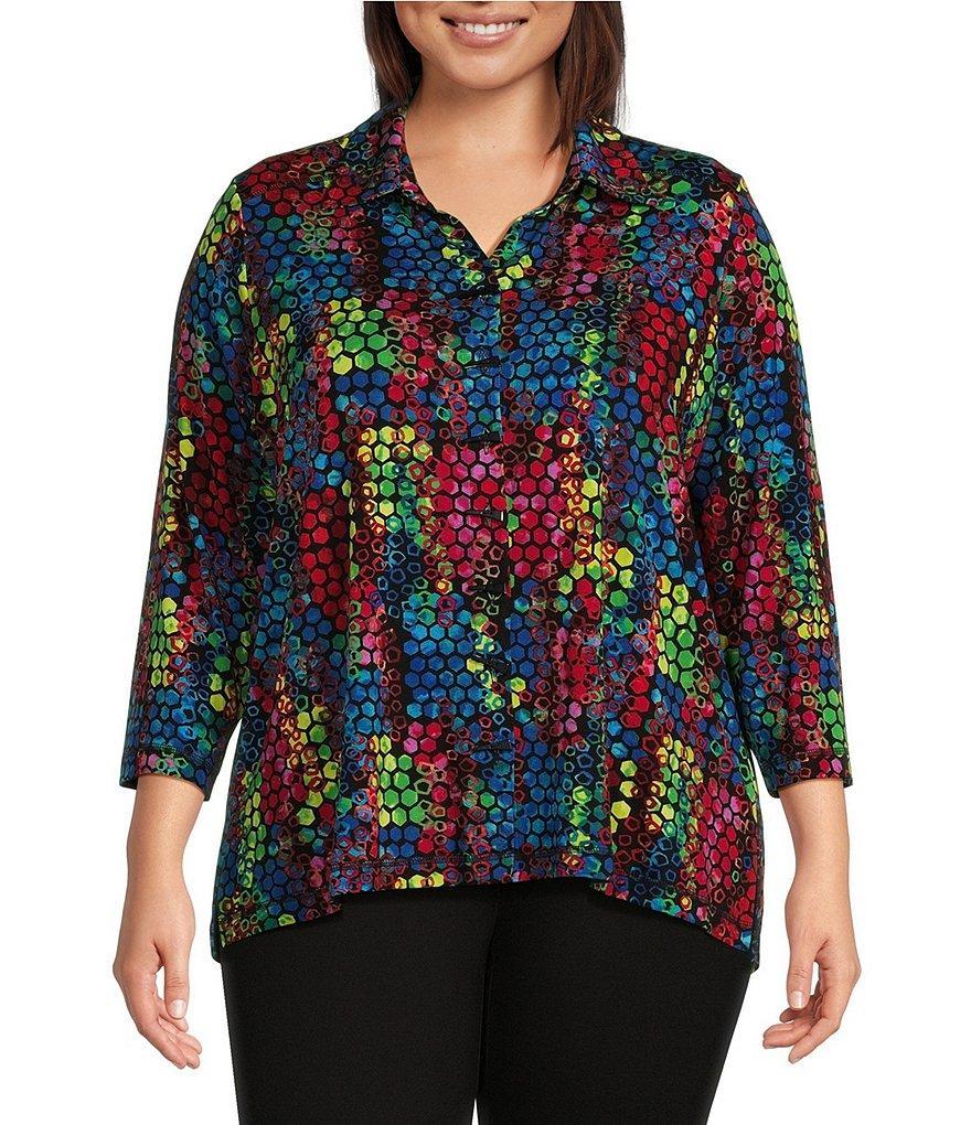 Ali Miles Plus Size Knit Tile Print Point Collar 3/4 Sleeve Hi-Low Hem Button-Front Tunic Product Image