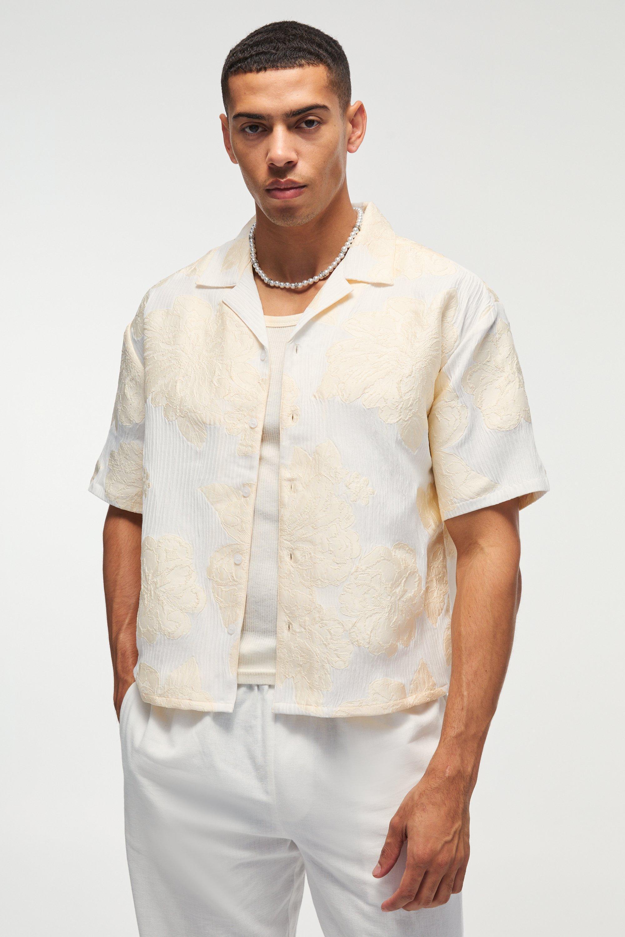 Oversized Boxy Revere Applique Shirt In Ecru | boohooMAN USA Product Image