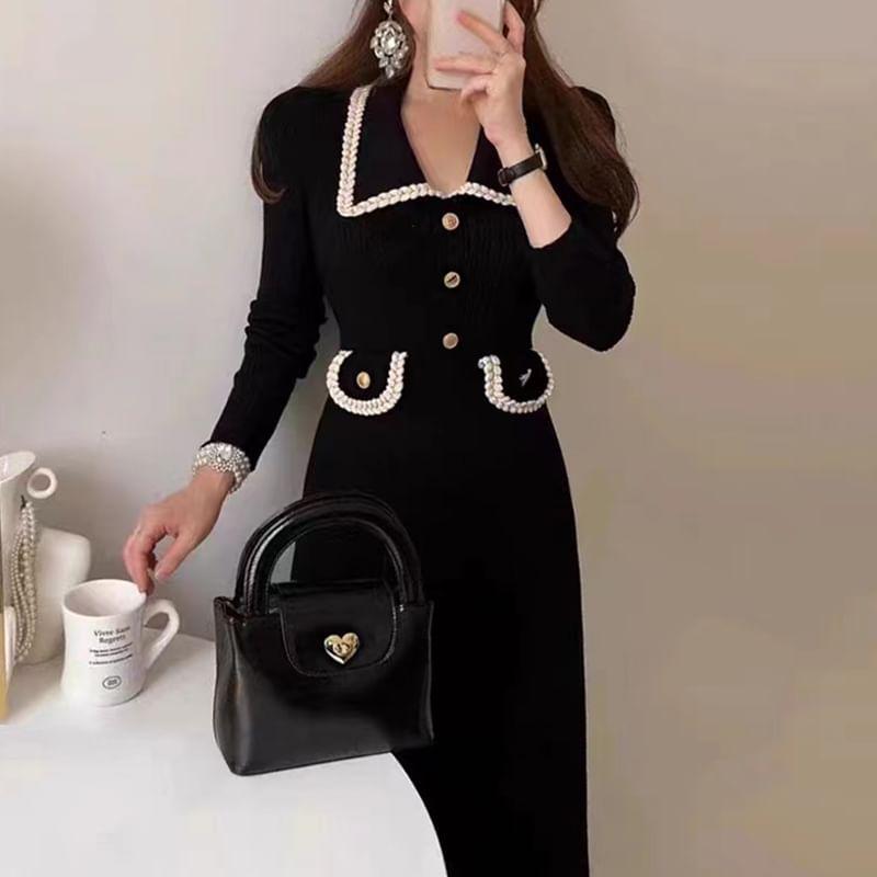 Long Sleeve Collared Contrast Trim Button Knit Maxi A-Line Dress Product Image