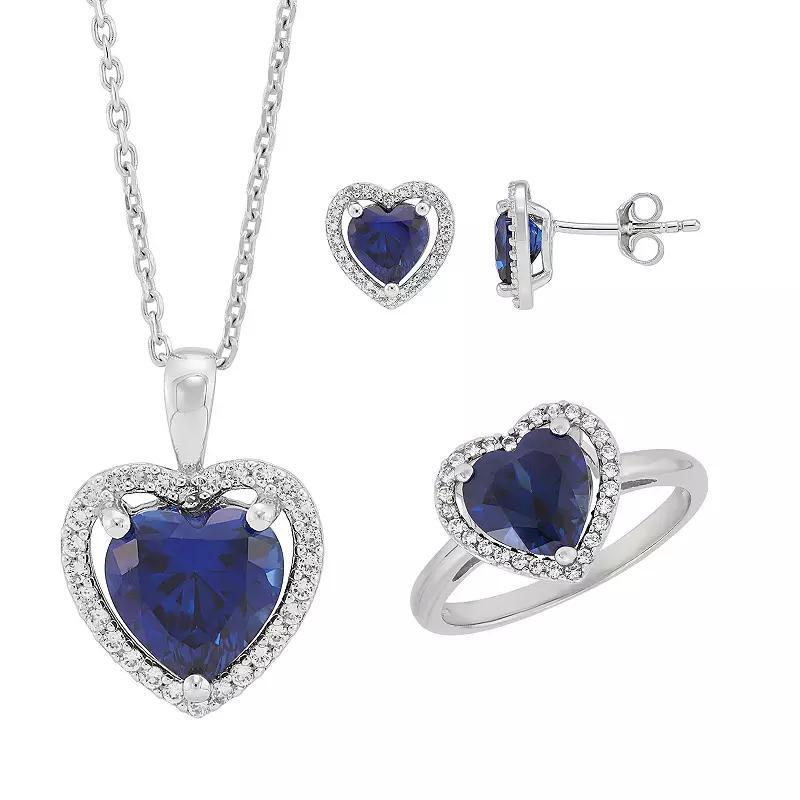 Sterling Silver Lab-Created White Sapphire & Lab-Created Sapphire Heart Pendant Necklace, Stud Earrings, & Ring Set, Womens Blue Product Image