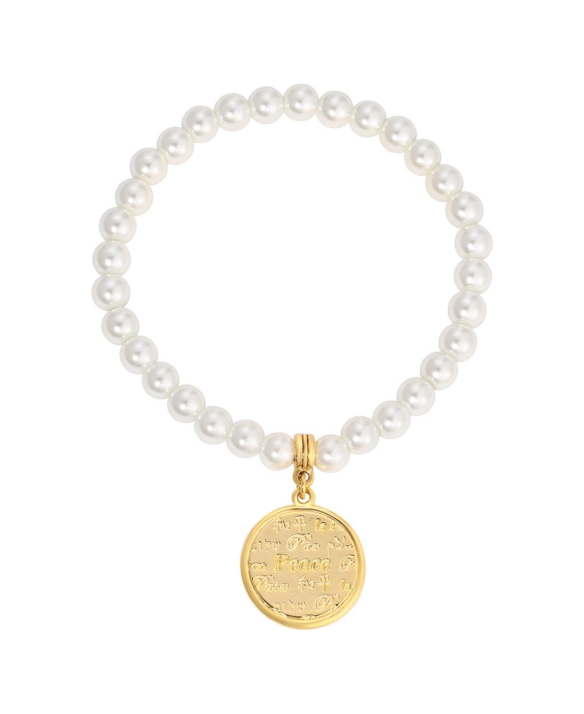 1928 Simulated Pearl Multilingual Peace Medallion Stretch Bracelet, Womens, White Product Image