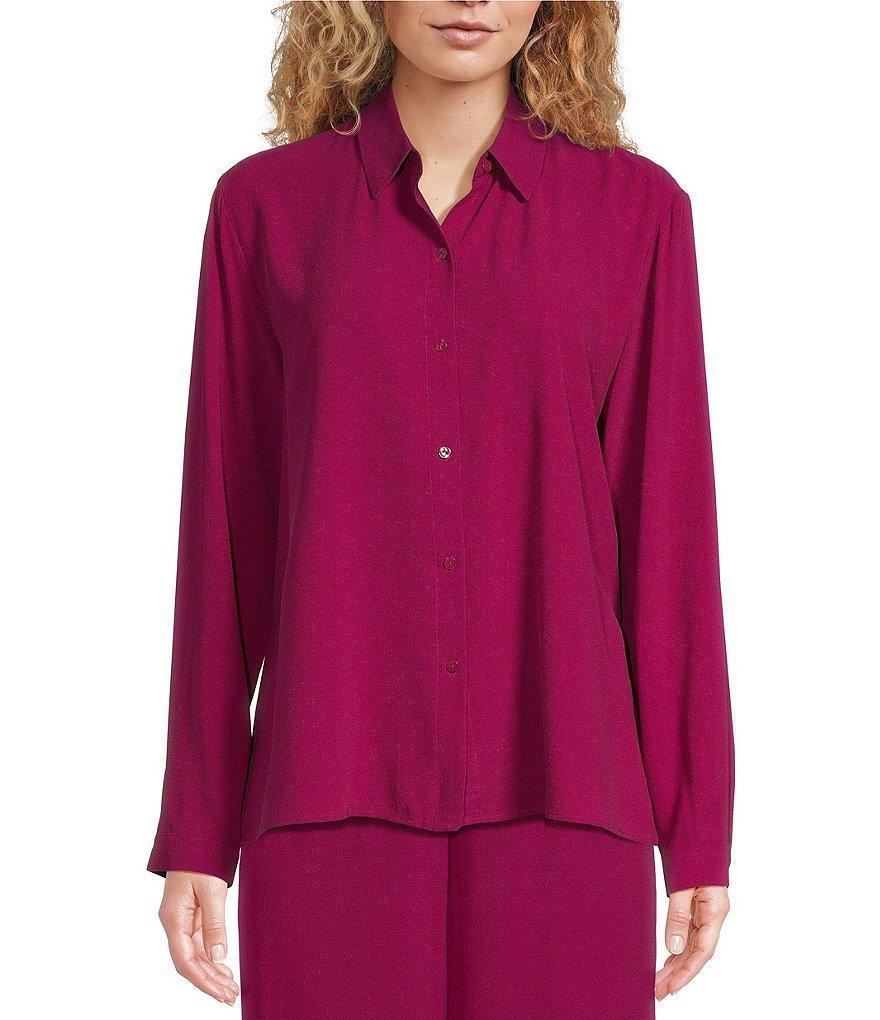 Eileen Fisher Silk Georgette Crepe Point Collar Long Sleeve Button-Front Shirt Product Image