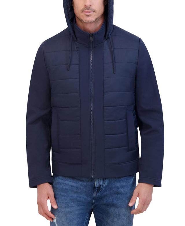 Kenneth Cole Mens Mixed-Media Hooded Soft Shell Bomber Jacket Product Image