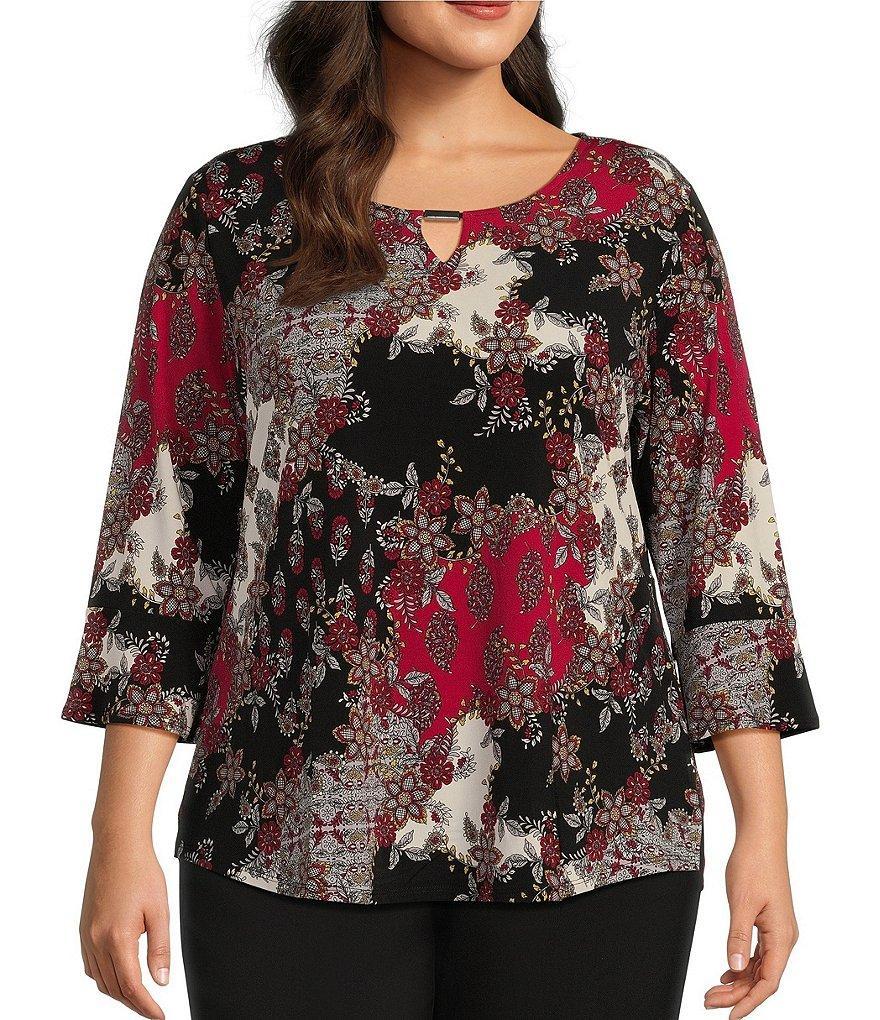 Allison Daley Plus Size 3/4 Sleeve Keyhole Neck with Jewelry Bar Knit Top Product Image