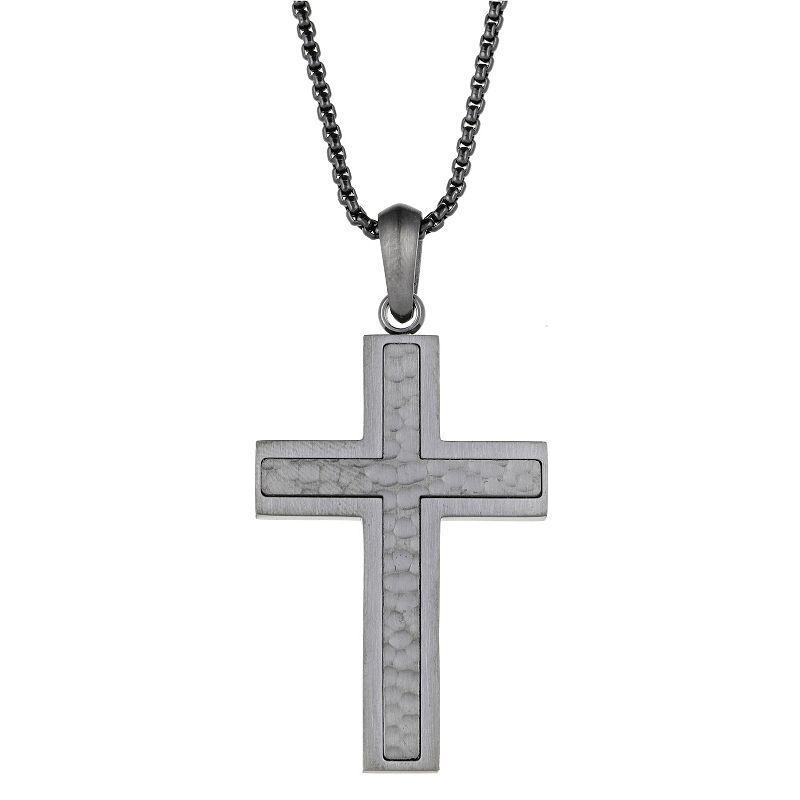 Mens LYNX Gray Ion-Plated Stainless Steel Hammered Cross Pendant Necklace Product Image