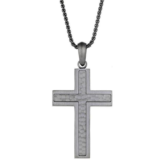 Mens LYNX Gray Ion-Plated Stainless Steel Hammered Cross Pendant Necklace Grey Product Image