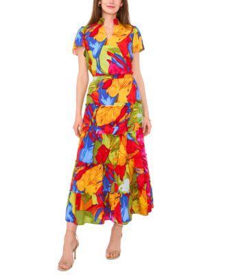 Sam Jess Womens Floral Print Split Neck Smocked Hem Top Tiered Pull On Maxi Skirt Product Image