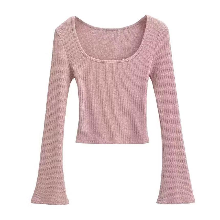 Long Sleeve Scoop Neck Plain Ribbed Crop Top Product Image