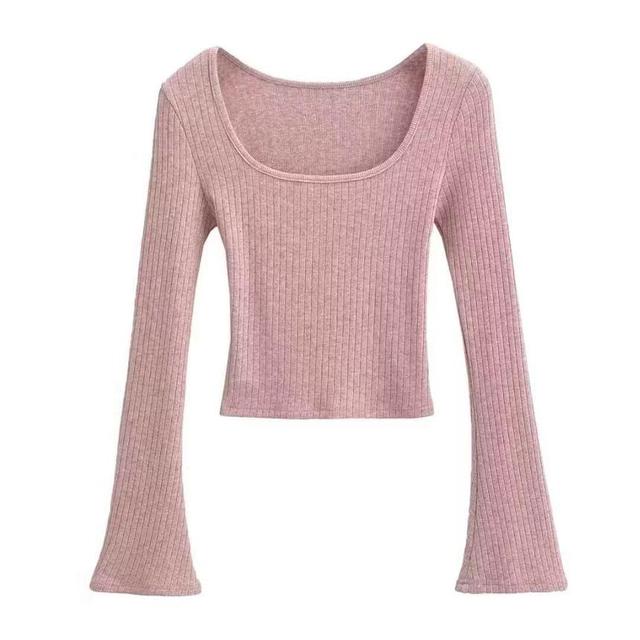 Long Sleeve Scoop Neck Plain Ribbed Crop Top Product Image