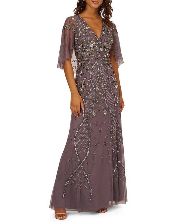 Adrianna Papell Petite Size Flutter Sleeve V-Neck Beaded Gown Product Image