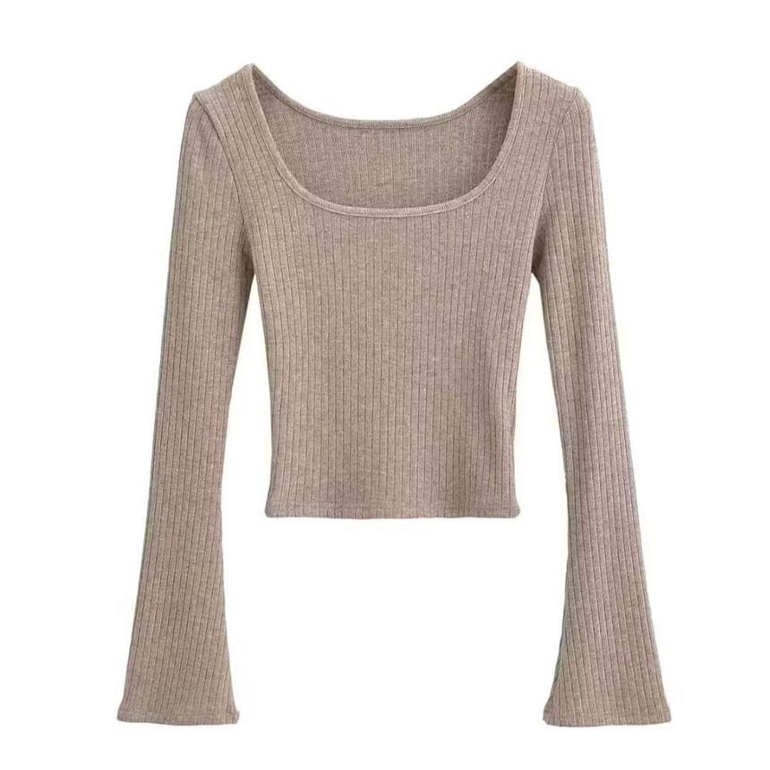 Long Sleeve Scoop Neck Plain Ribbed Crop Top Product Image