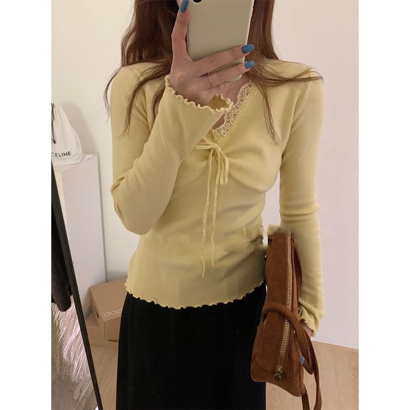 Long-Sleeve V-Neck Plain Bow Lettuce Edge Lace Trim Knit Top Product Image