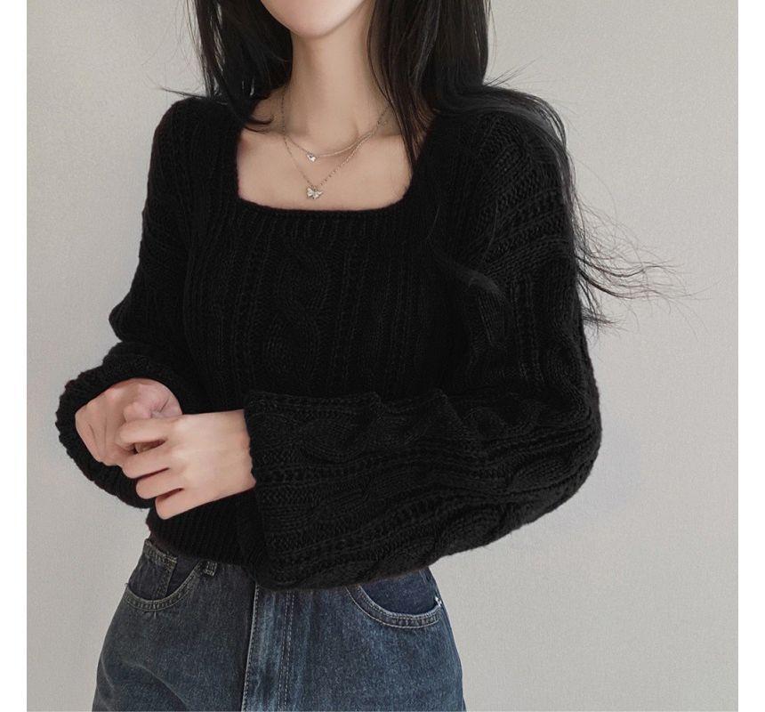 Square Neck Cable Knit Plain Crop Sweater Product Image